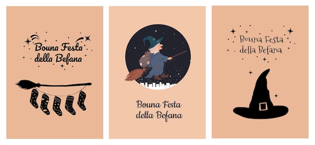 Old good Witch Befana, Bouna festa della befana greeting card, template set, collection