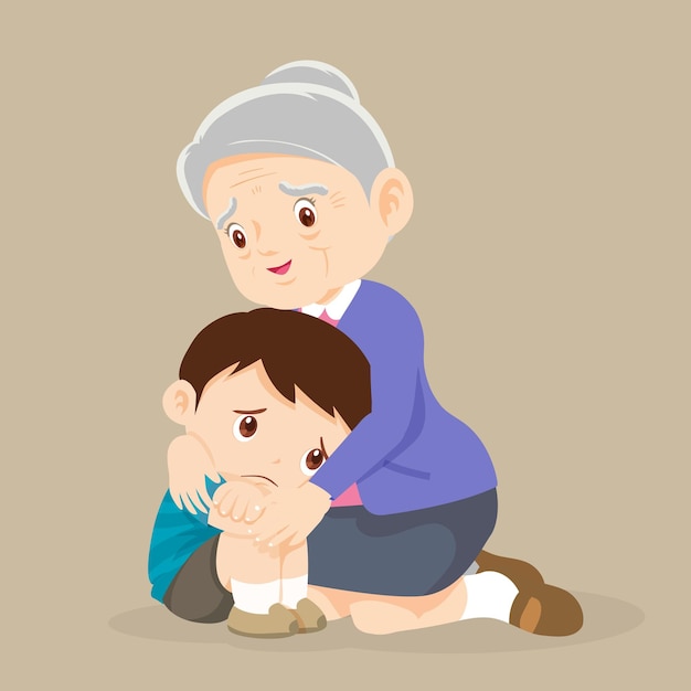 Старая бабушка обнимает маленького плачущего мальчика, утешает расстроенную бабушку, обнимает ребенка, утешает