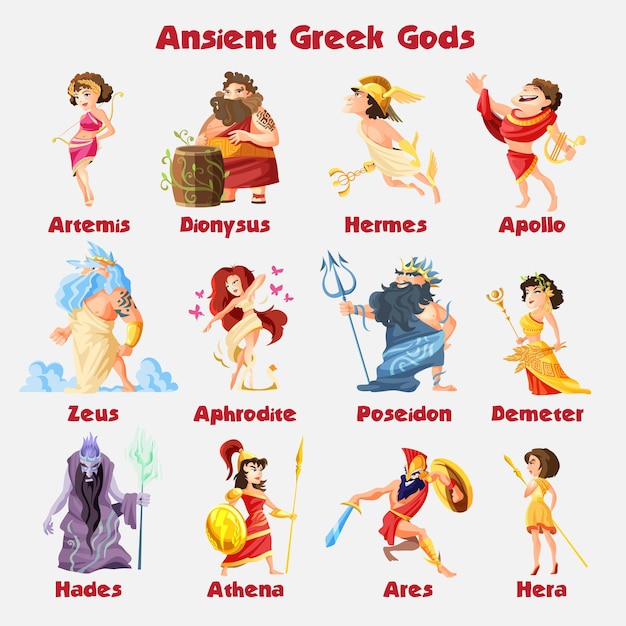 Old greek gods cartoon figures set with dionysus zeus poseidon aphrodite apollo athena vector illustration