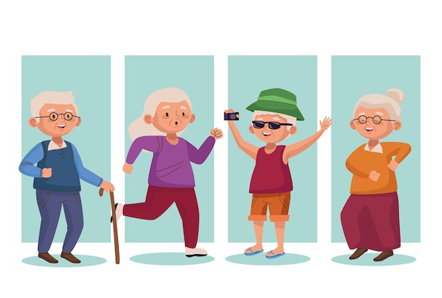 Old group people active seniors characters