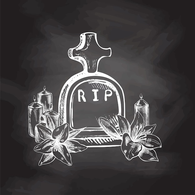 Vector old hand drawn murble stone tombstone with candles and lilies illustration for funeral service