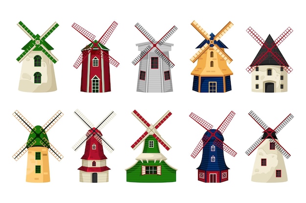 Old holland dutch windmolen set Fan meel en graan nederland windmolen dorp collectie natuur water huis landelijk gebouw Vector cartoon grillige geïsoleerde illustratie