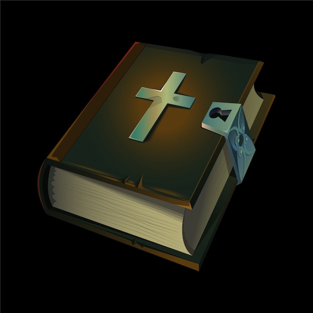 Old holy bible book icon with metal christian cross on it.