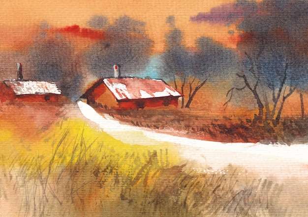 Old home and autumn nature with watercolor