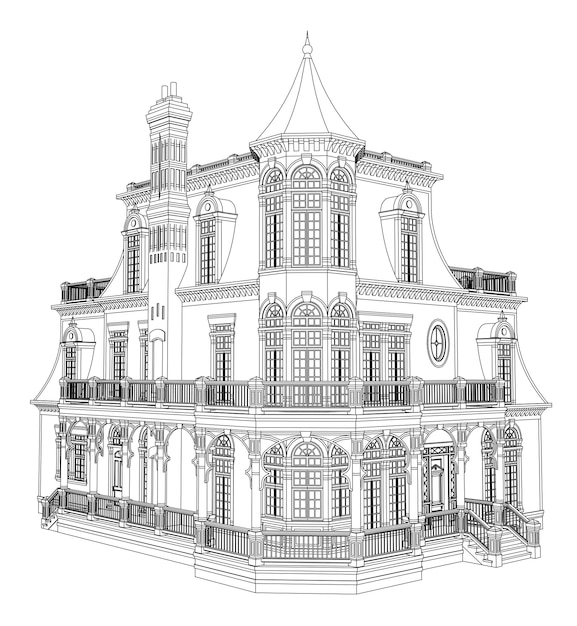 Old house in Victorian style Illustration on white background Black and white illustration in cont