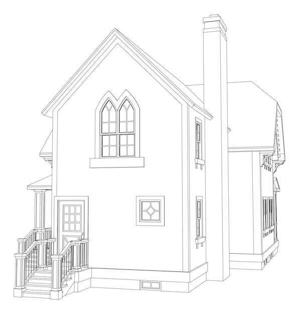 Vector old house in victorian style illustration on white background black and white illustration in cont