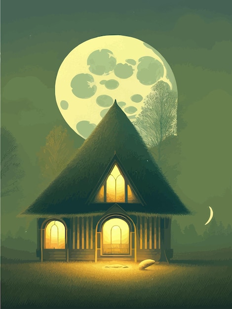Старый дом в лесу на фоне полнолуния, жилище ведьмы-колдуна, мистический жуткий ночной туман