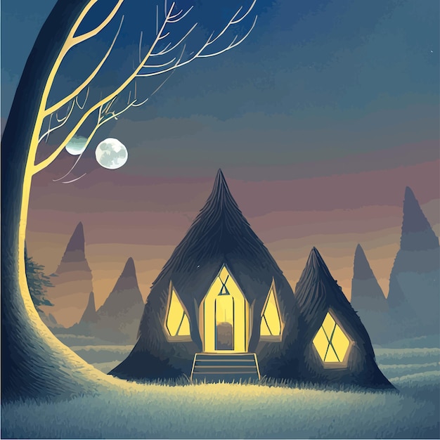 Vector old house in woods against background full moon dwelling witch sorcerer mystical creepy night fog