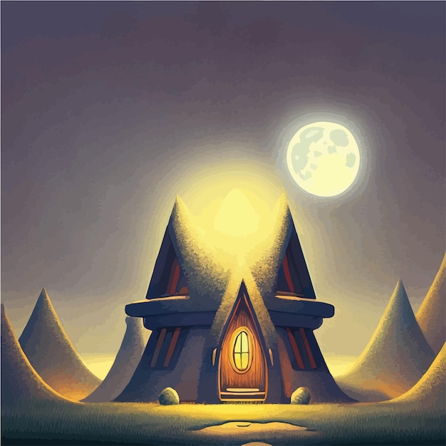 Old house in woods against background full moon dwelling witch sorcerer mystical creepy night fog