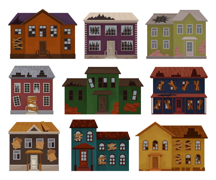 Vector   of old houses with destroyed roof and broken windows. facades of abandoned buildings. big two-storey cottages