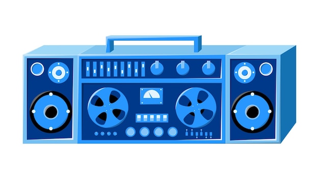 Старый изометрический ретро-синий винтажный музыкальный кассетный магнитофон с магнитной лентой на катушках и динамиках 70-х 80-х 90-х годов Красивая иконка Векторная иллюстрация