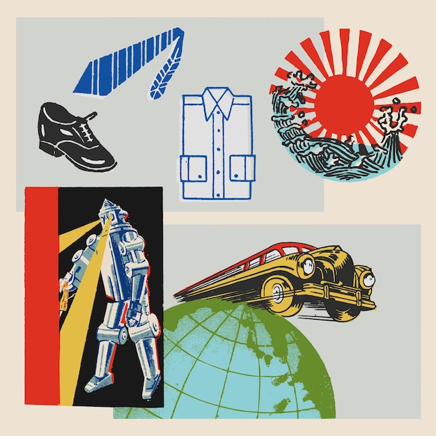 Old japan pop art robot car world shirt shoe tie raising sun sea retro science fiction illustration