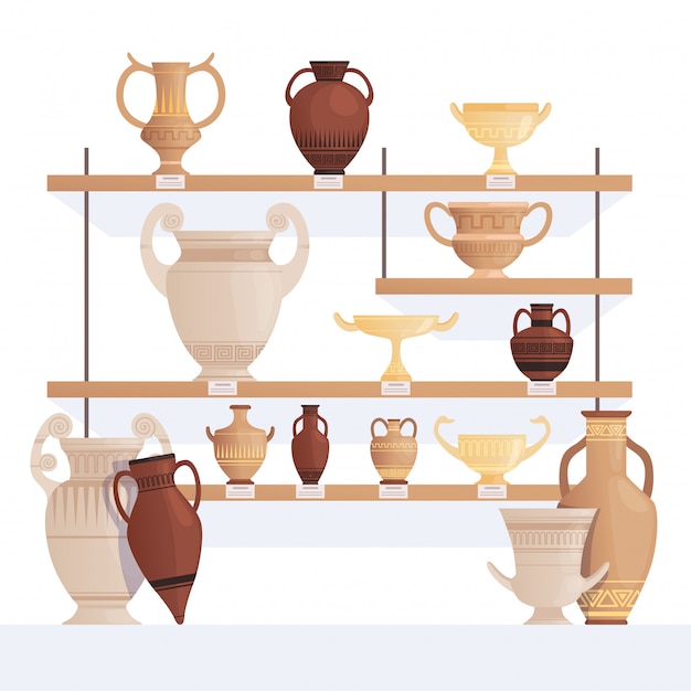 Vecchia brocca sugli scaffali. antico vaso in coppe e anfore di argilla storia del museo