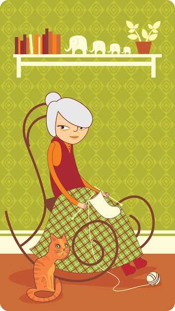 Old lady knitting at home in a rocking chair