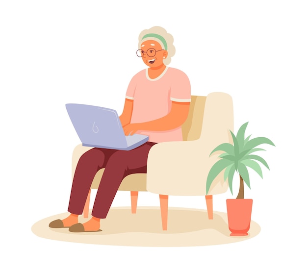 Vector old lady sitting on armchair holding laptop and typing modern senior woman working on computer