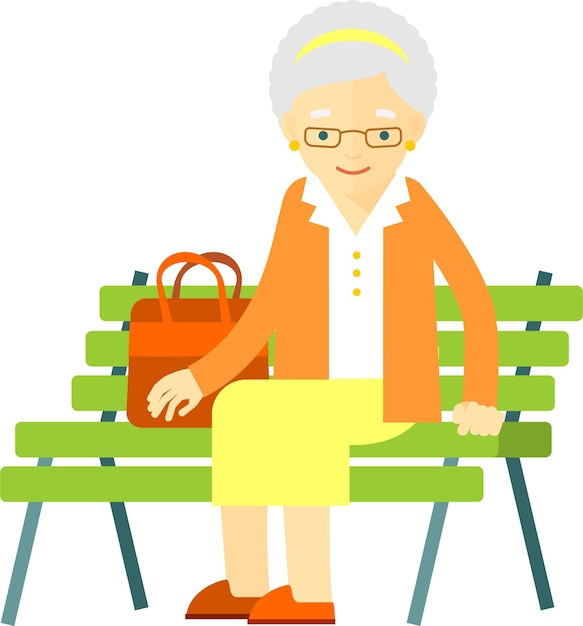 Vector an old lady sitting on a bench with a bag on her lap