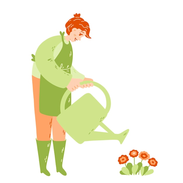 Старушка поливает цветы Старший женский персонаж держит лейку Хобби-садоводство