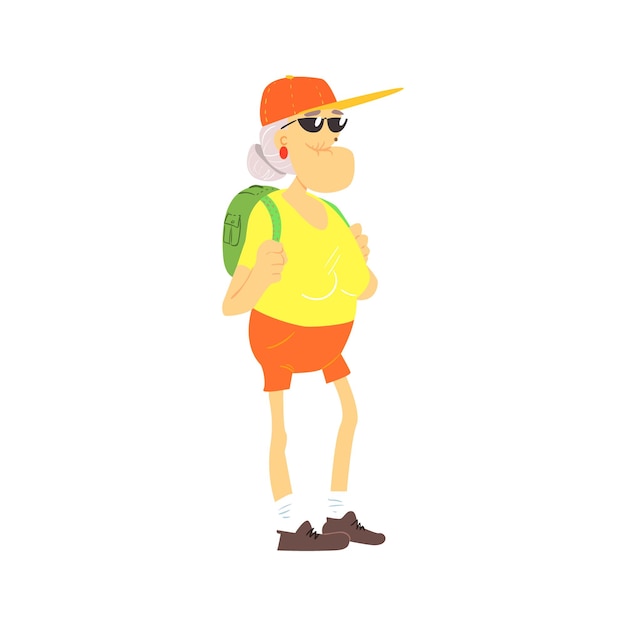 Old lady with backpack cute cartoon style isolated flat vector illustration on white background