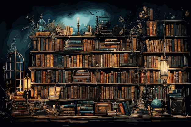 Vector old library or bookshop with many books on shelves as wallpaper background illustration