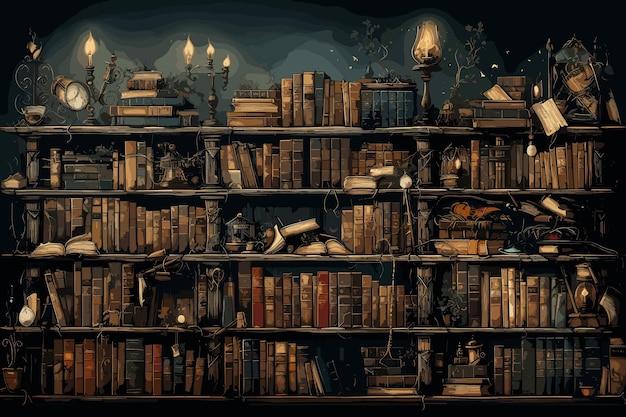 Vettore vecchia biblioteca o libreria con molti libri sugli scaffali come illustrazione sullo sfondo della carta da parati