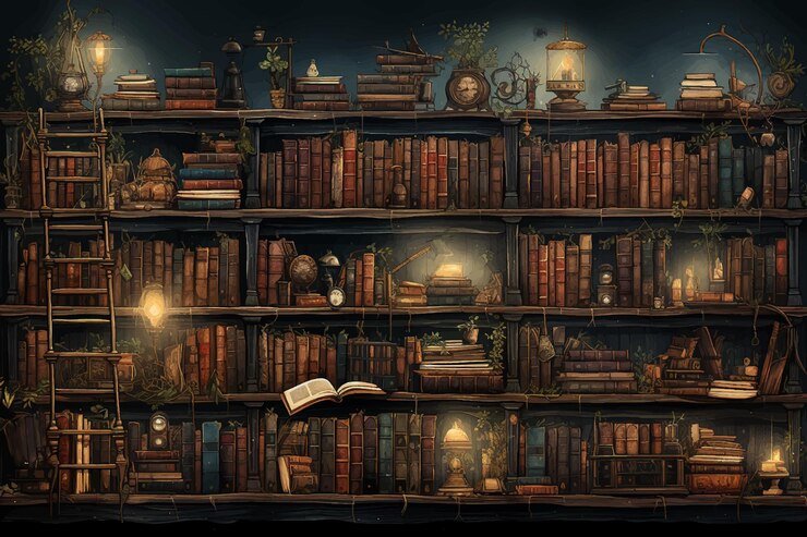 Vector old library or bookshop with many books on shelves as wallpaper background illustration