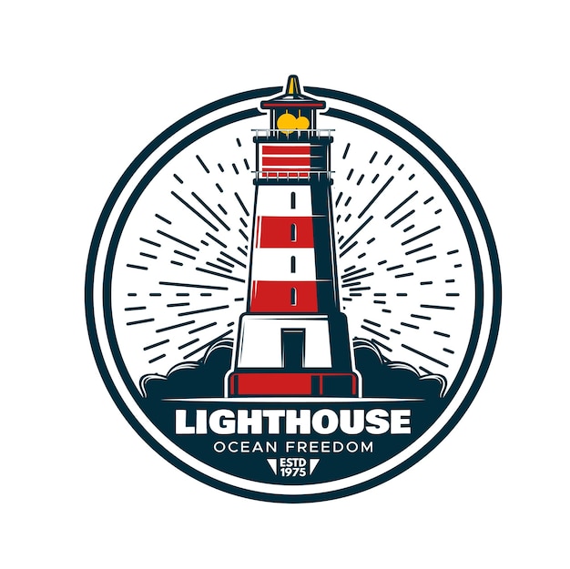 Old lighthouse on ocean or sea shore vector icon