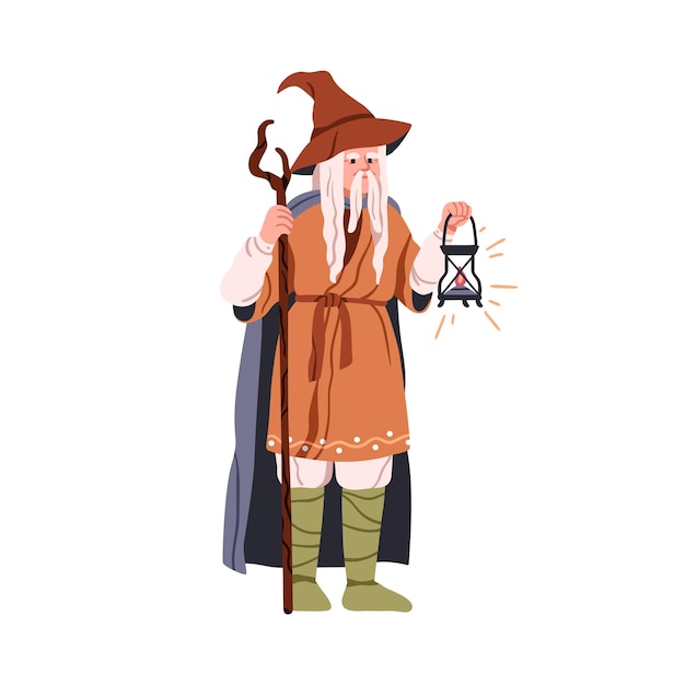 Vector old magician character ancient wizard wise mage in hat with staff and lantern in hands senior magic sorcerer man warlock with stick and lamp flat vector illustration isolated on white background