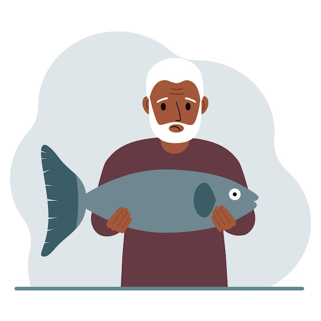 A old male fisherman holds a large fish proud of good fishing or hunting Hobby fishing concept