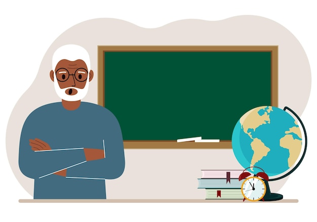 Insegnante maschio anziano vicino alla lavagna il concetto di giorno dell'insegnante di insegnamento dell'istruzione