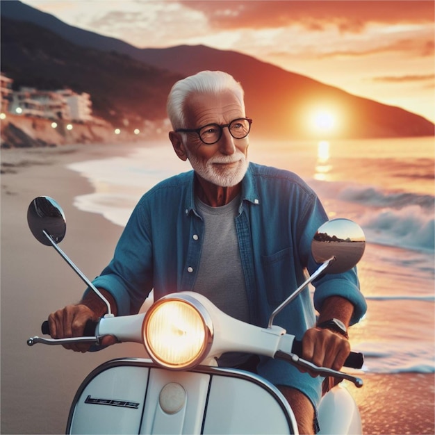 Old man 70 years old riding a white vespa at the beach with a sunset view