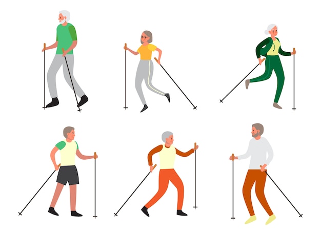 Старик и женщина вместе занимаются скандинавской ходьбой и т. д. пенсионеры, ведущие здоровый образ жизни.