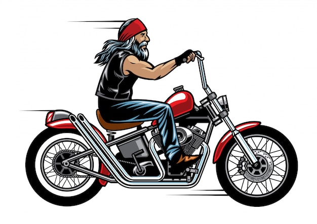 Vector old man biker riding chopper motorcycle