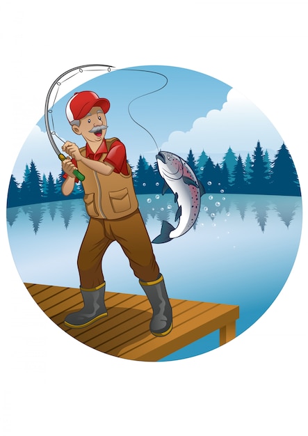 Vector old man cartoon fishing trout fish