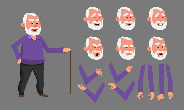 Old man character with various facial emotions. character for custom animation.