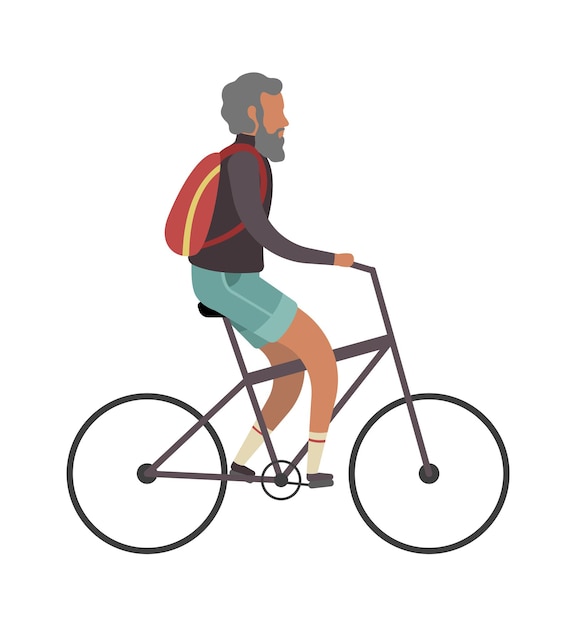 Old man cyclist. Elderly on bike with backpack outdoor activities in park, simple senior character healthy leisure lifestyle and sport for pensioner flat cartoon vector street riding isolated concept