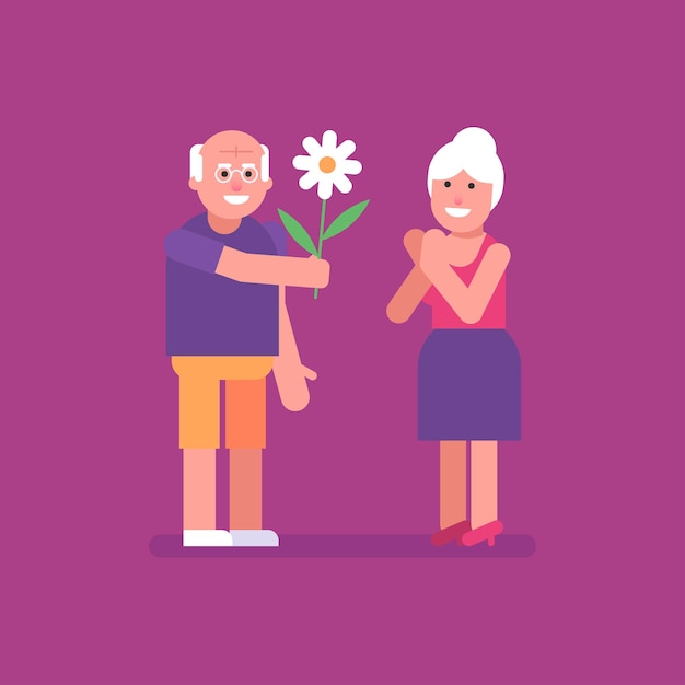 Old man gives flower to an old lady. Flat people. Vector Illustration