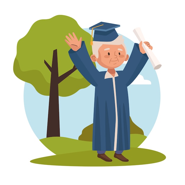 Vector old man graduating active senior character