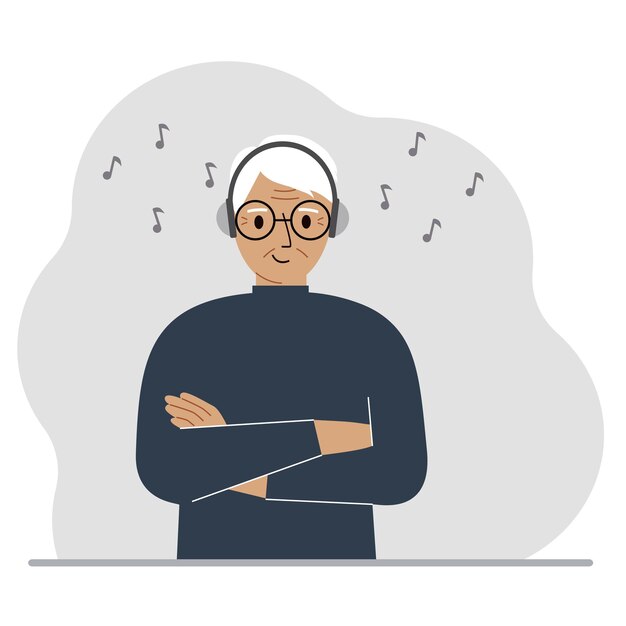 A old man in headphones listens to music podcast and hobby concept character for decor design and print