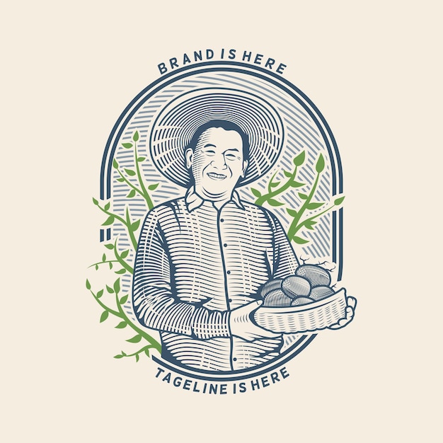 The old man holding potato from the farm illustration logo with engraving style