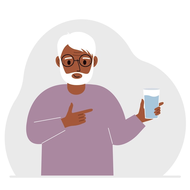 Vector a old man holds a glass of water in his hand the concept of water balance and health