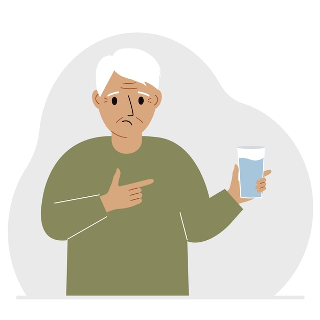 Vector a old man holds a glass of water in his hand the concept of water balance and health