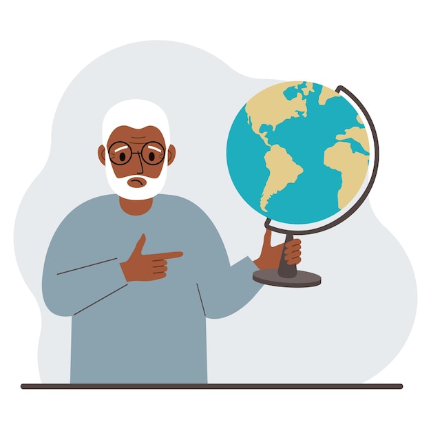 A old man holds a globe in his hand and points his finger at it The concept of education teacher world conquest ecology Vector flat illustration