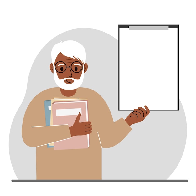 Vector a old man holds a stack of books in one hand a clipboard in the other space for text knowledge education teaching personal improvement reading list vector flat illustration