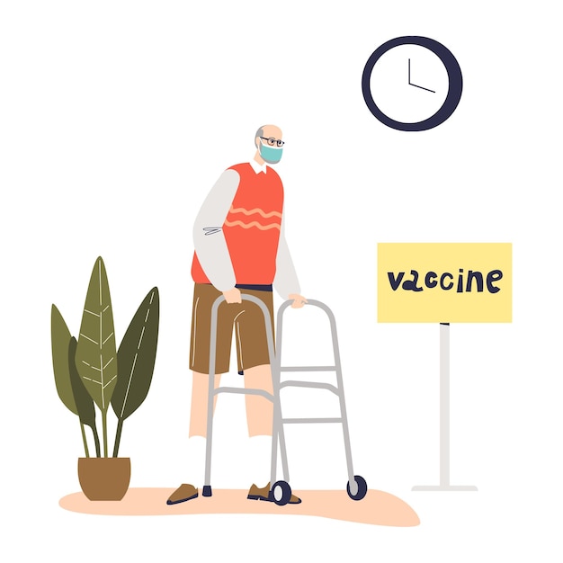 Old man in hospital get vaccinated for corona virus disease prevention. senior male get covid-19 vaccine for illness immunization. cartoon flat vector illustration