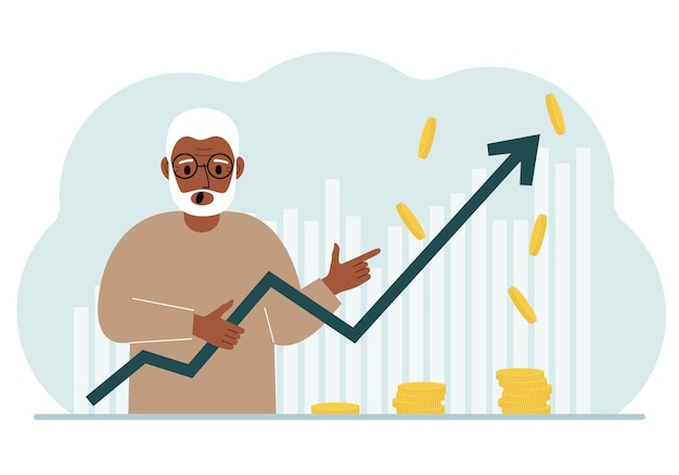 The old man is holding an arrow pointing up The concept of growth in business company promotion or business income growth