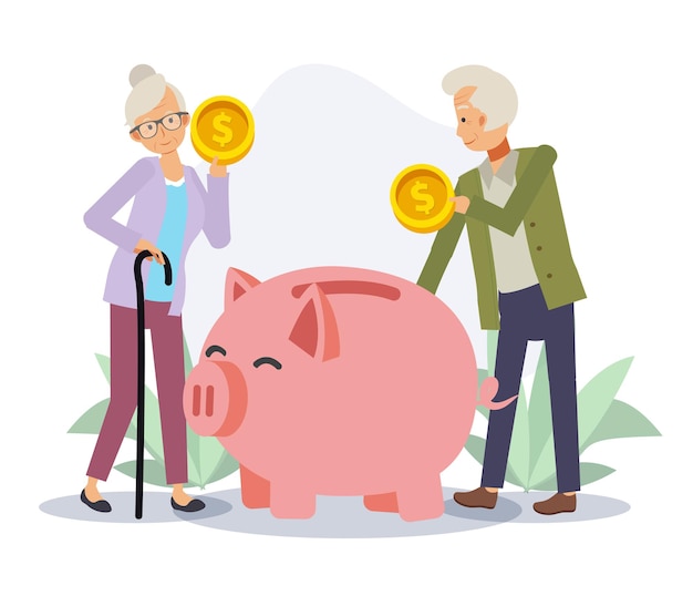 Vector old man and old woman saving money in piggy bank.economy and financial independence,saving money concept,retire life.flat vector 2d cartoon character illustration.