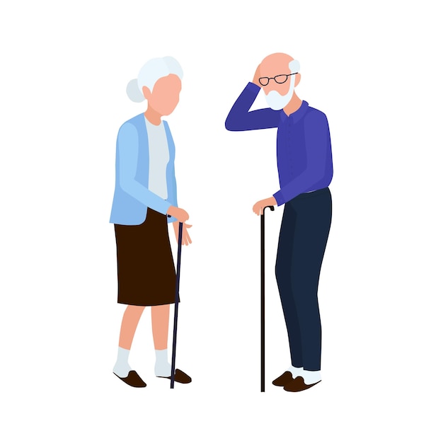 The old man and the old woman stand and walk with sticks elderly people