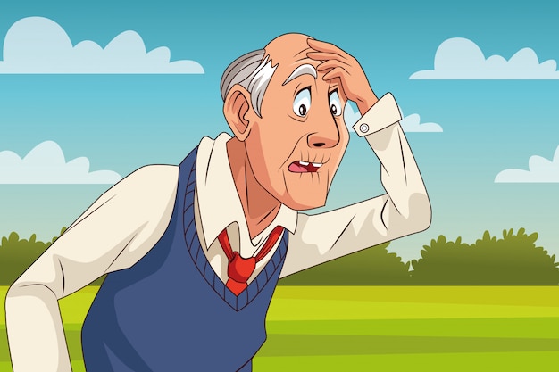 Vector old man patient of alzheimer disease in the field character