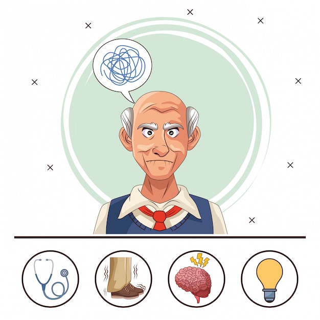 Old man patient of alzheimer disease with icons set