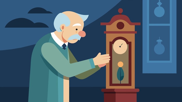 Vector an old man proudly admires a restored grandfather clock its delicate hands ticking away as it sits